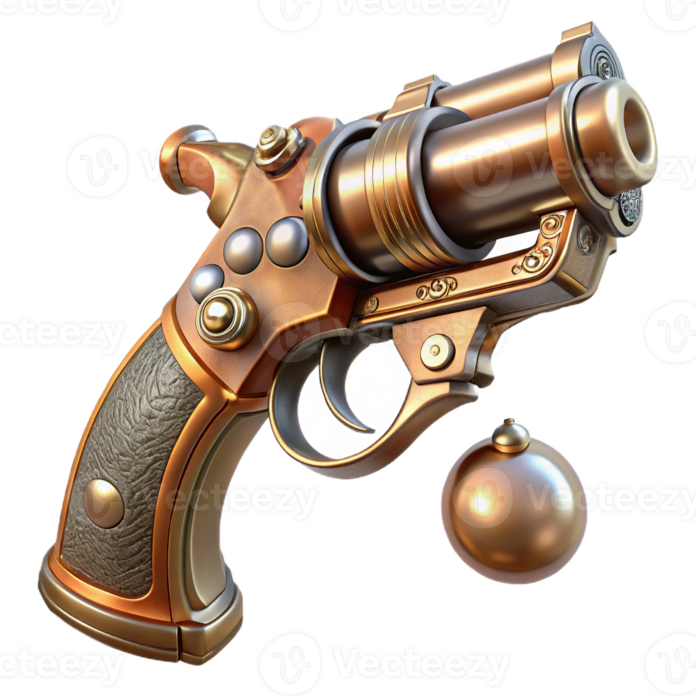 dramatic organic Steampunk pistol with engraved details and pearl handle with Transparent Background expertly shot png