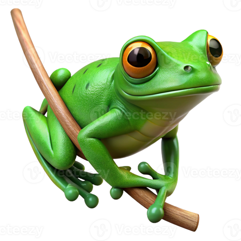 captivating renaissance Isolated cutout of a photorealistic, ultra-detailed professional render of a single green tree frog clinging to a thin, bare branch with Transparent Background professional png