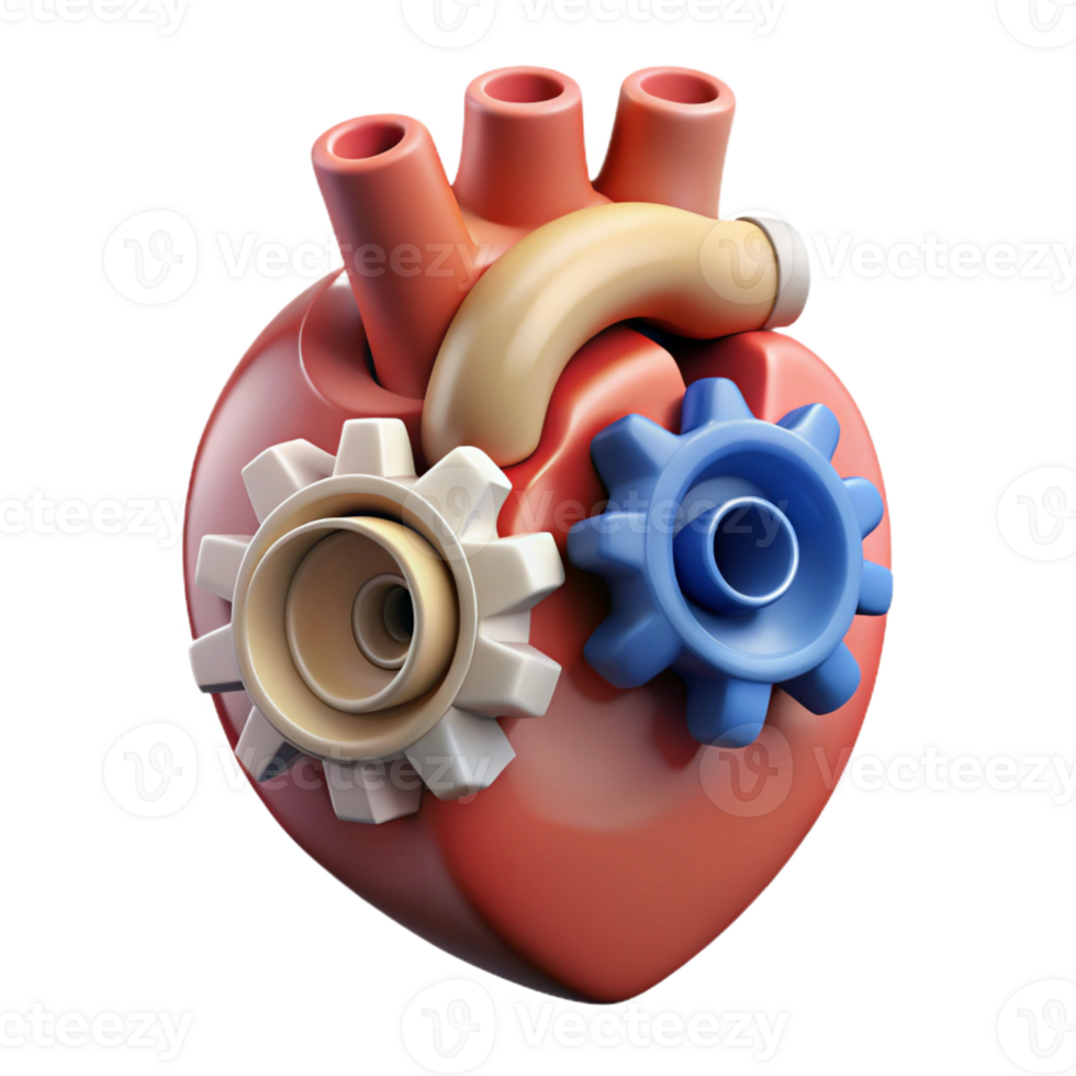 alluring retro Concept art style, isolated cutout of a biomechanical heart with exposed gears and pistons with Transparent Background fine detail png