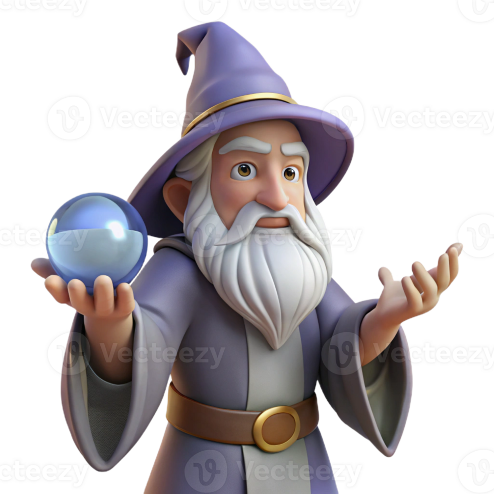 acclaimed rustic A wise old wizard, long white beard, holding a crystal ball with Transparent Background perfect clarity png