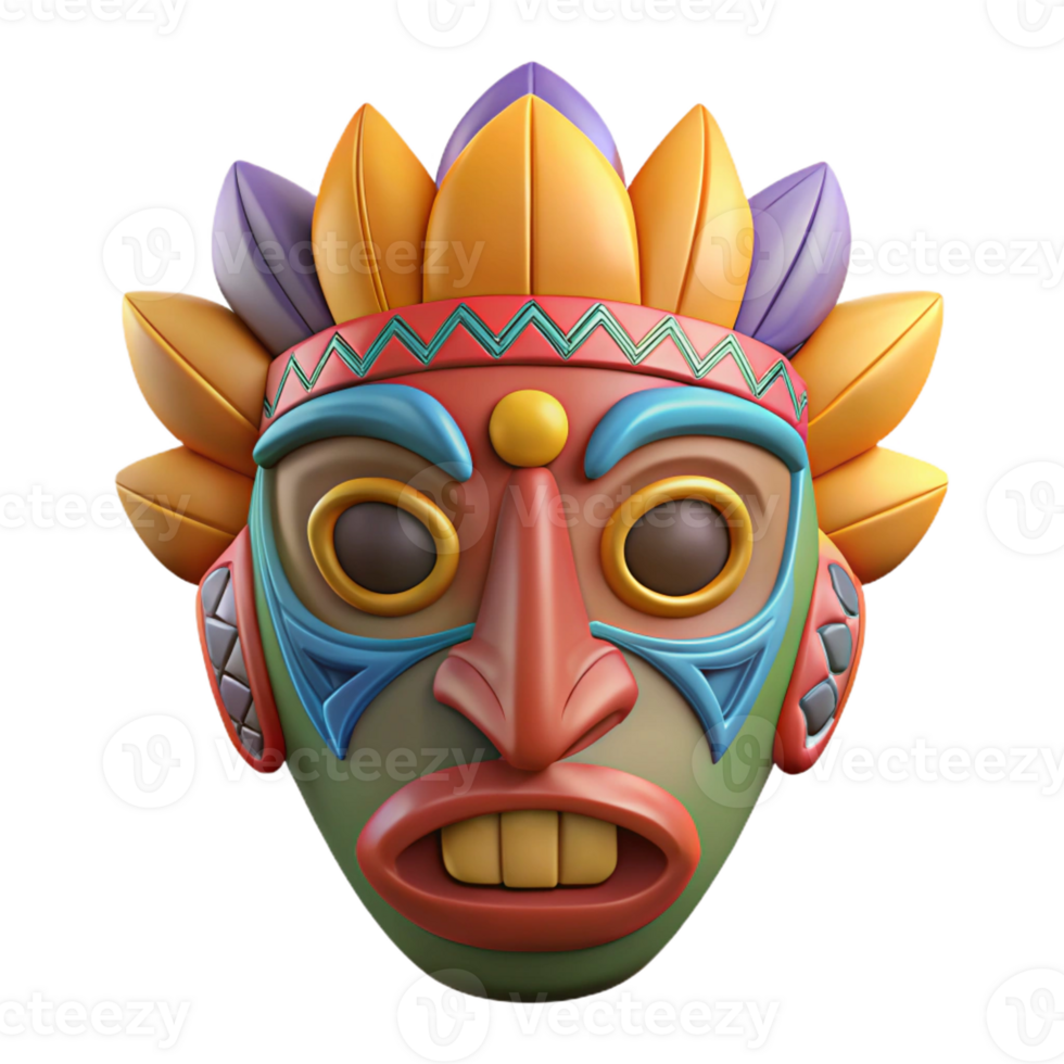 calm pristine A stylized tribal mask, intricate carvings, vibrant colors with Transparent Background 4K png