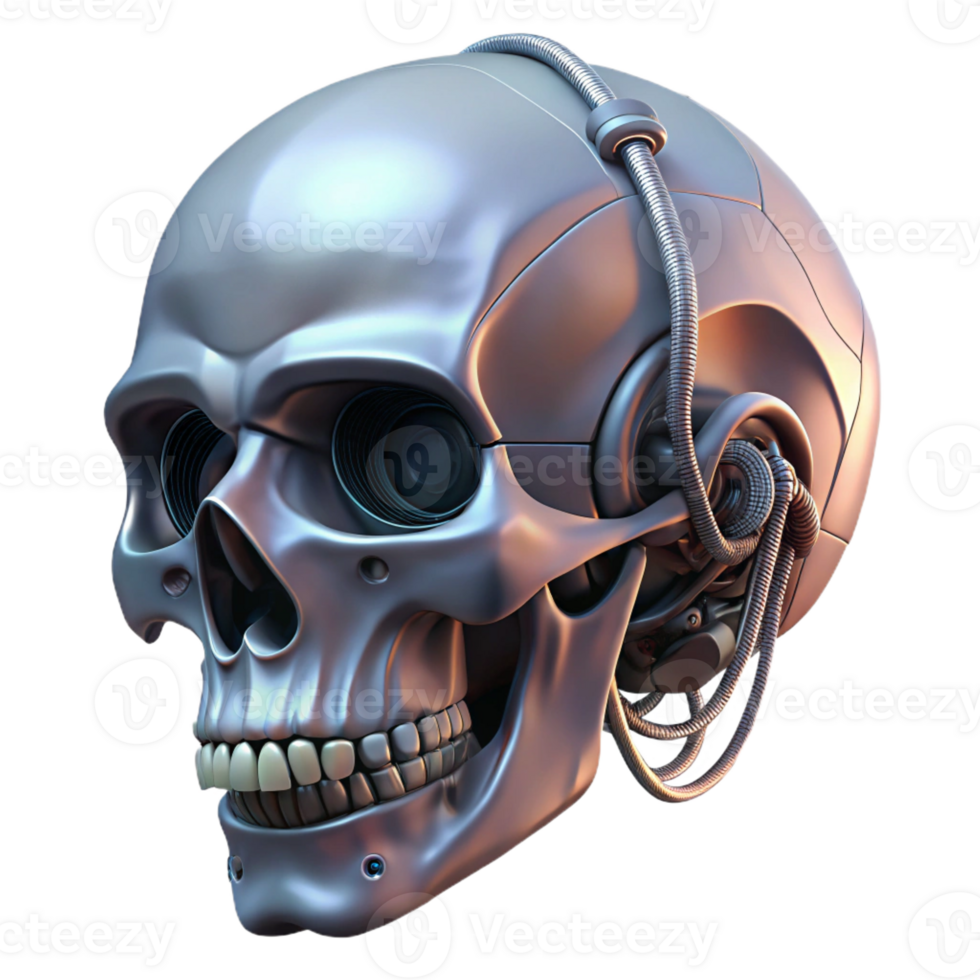 breathtaking notable Concept art style, professional render of a biomechanical skull with exposed wiring, isolated cutout with Transparent Background png