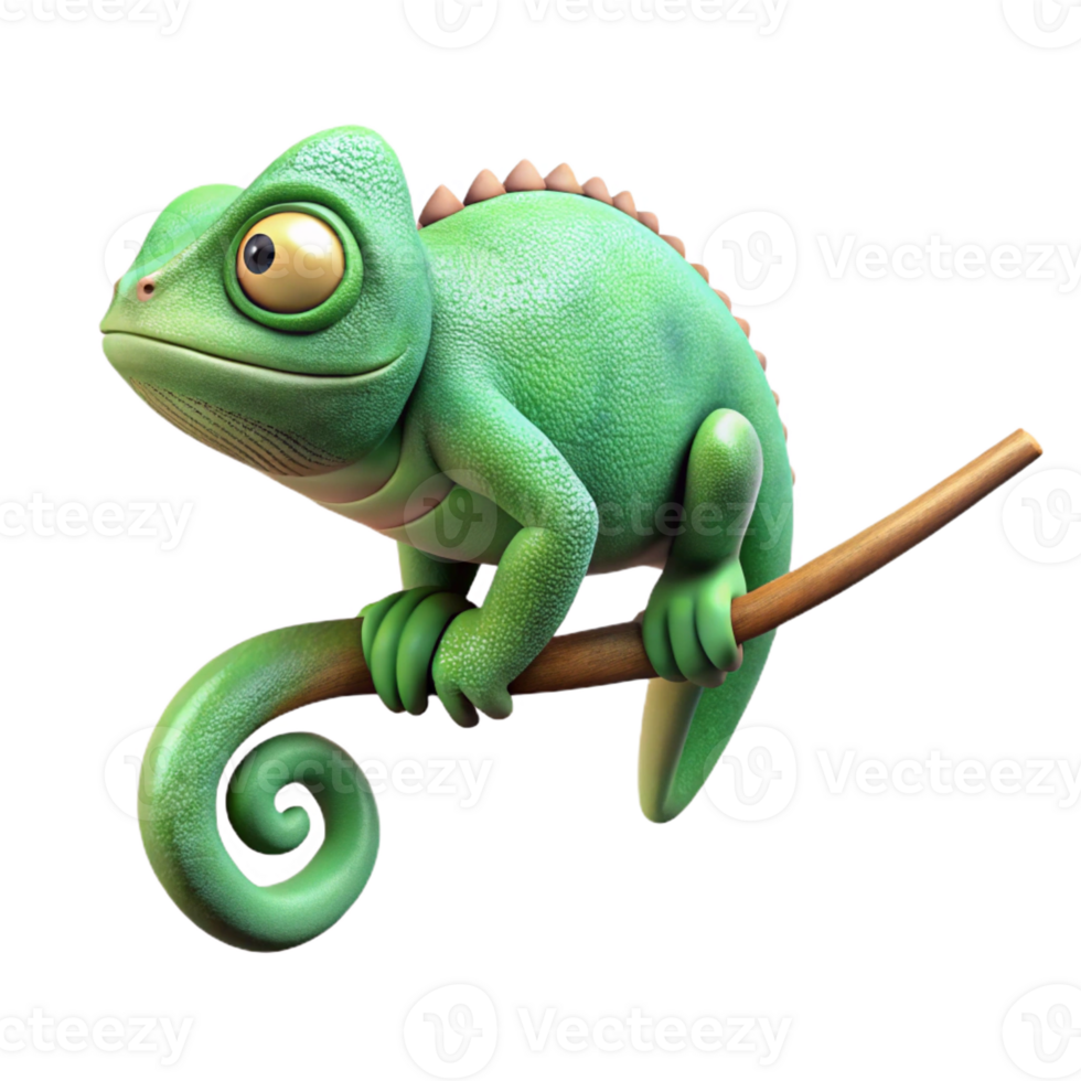 distinctive retro Hyper-specific concept art style, isolated cutout professional render of a single chameleon gripping a thin branch, changing color with Transparent Background genuine png