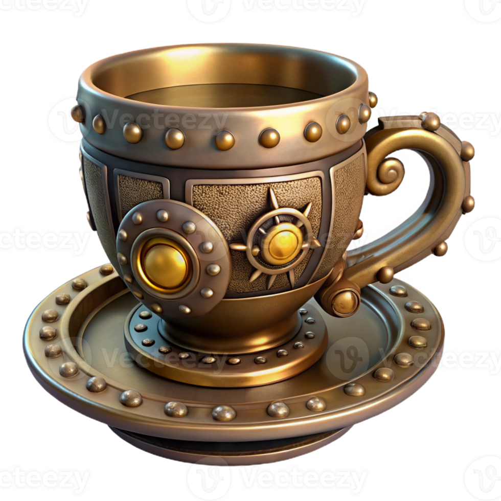 breathtaking organic Steampunk teacup with a saucer and intricate metal embellishments with Transparent Background crisp png