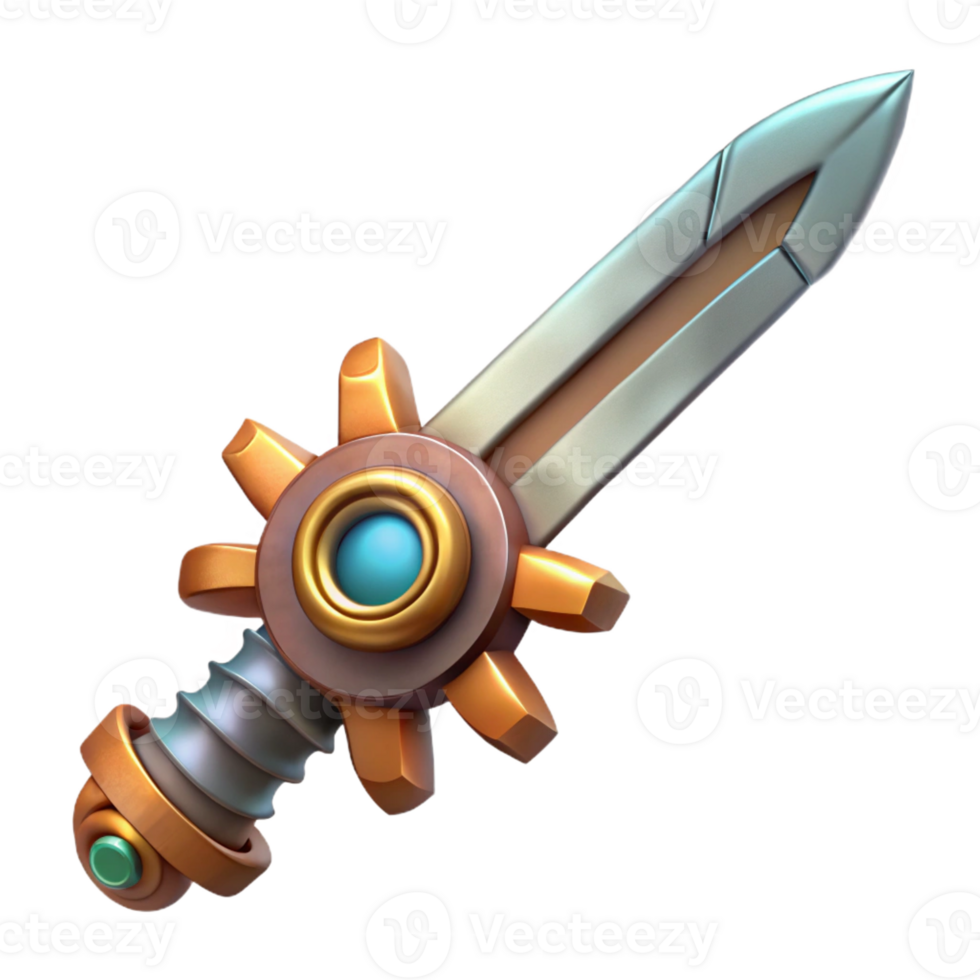 exquisite quintessential Steampunk sword with gear-shaped hilt and serrated blade with Transparent Background png