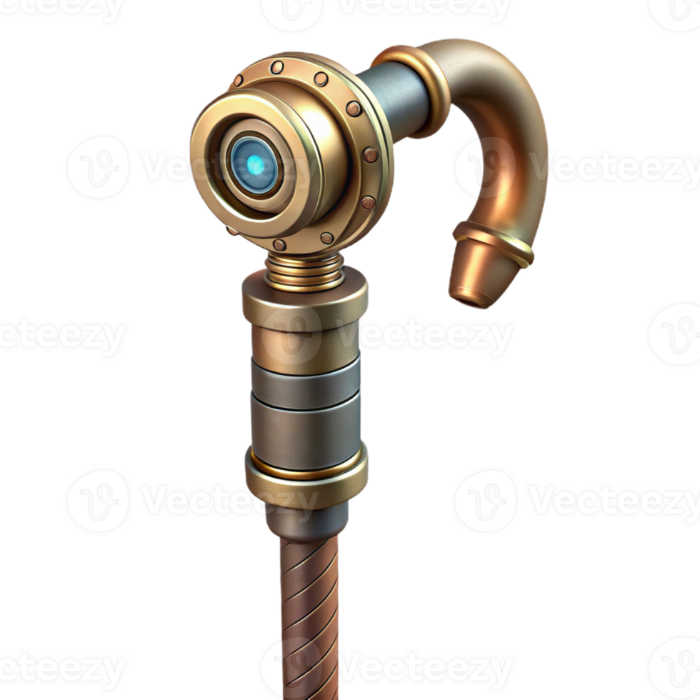 elegant nordic Steampunk cane with a brass handle and hidden gadgets with Transparent Background precision png