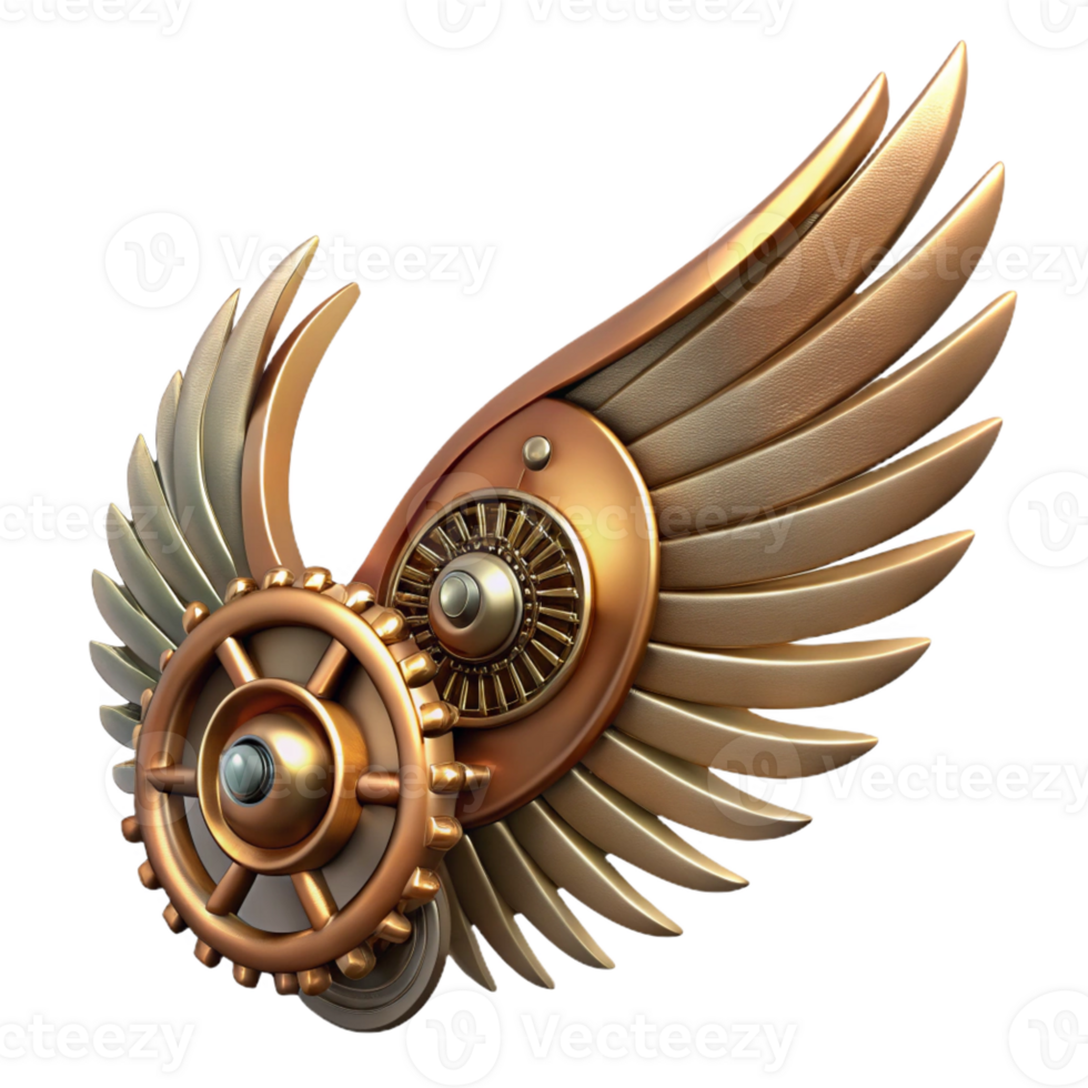 dramatic stunning Steampunk wing with articulated metal feathers and gears with Transparent Background original png