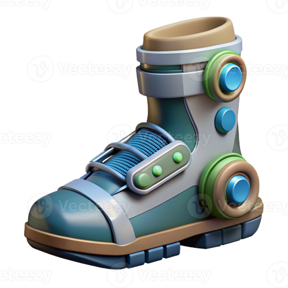 dazzling artistic Concept art style, professional render of a biomechanical boot with integrated propulsion system, isolated cutout with Transparent Background elite png