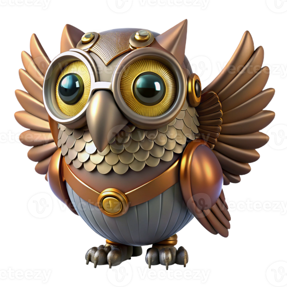 alluring joyful art deco Steampunk owl with metal feathers and glowing eyes with Transparent Background precision png