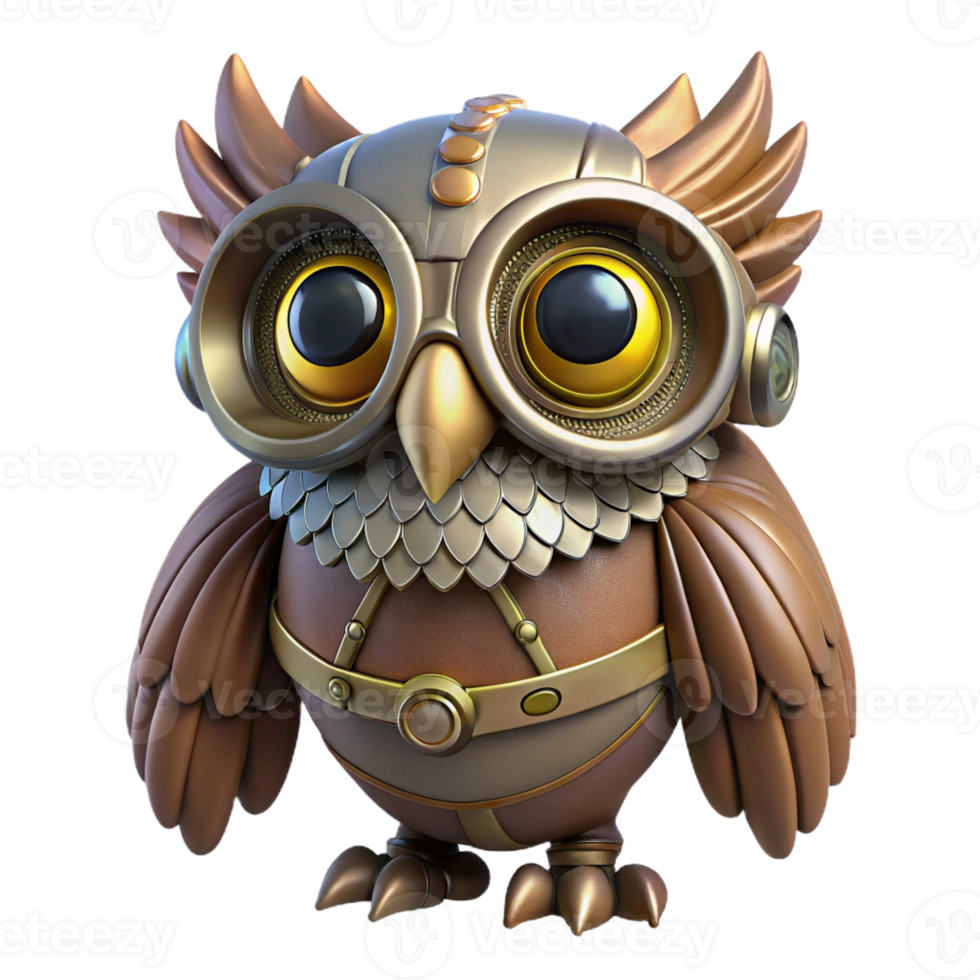 dynamic splendid Steampunk owl with metal feathers and glowing eyes with Transparent Background gallery standard png