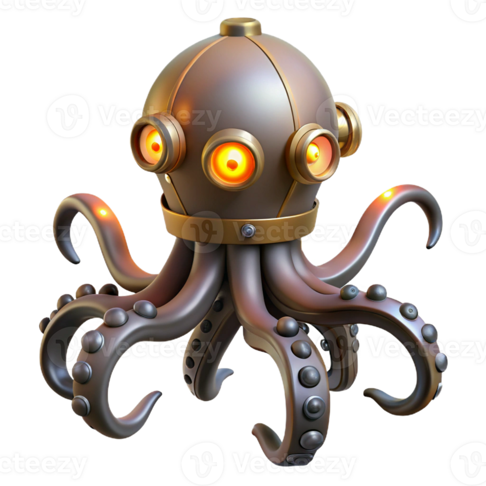 alluring rare Steampunk octopus with metal tentacles and glowing suckers with Transparent Background png