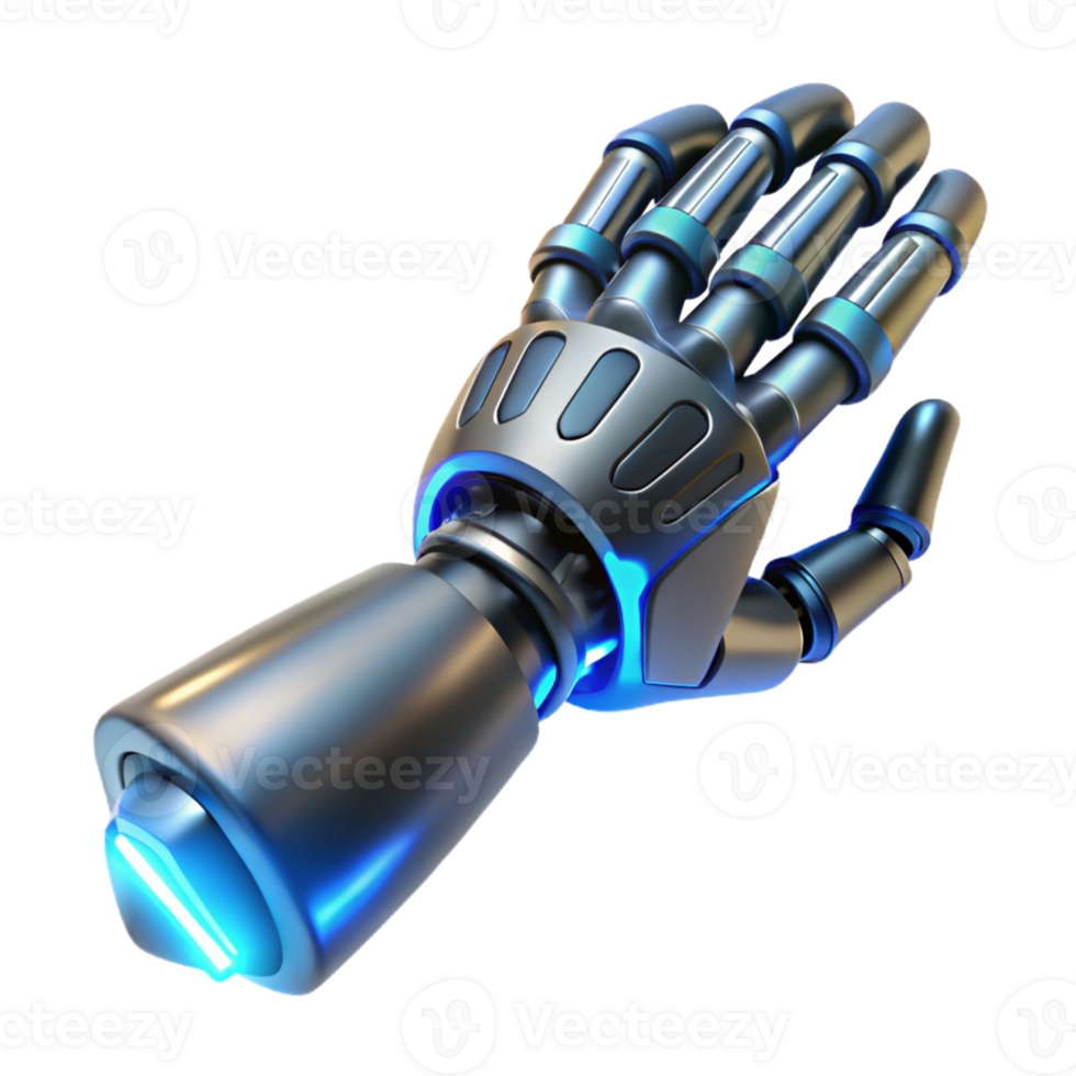 beautiful calm surreal Concept art style, isolated cutout of a biomechanical prosthetic arm with intricate wiring and glowing blue energy conduits with Transparent Background fine detail png