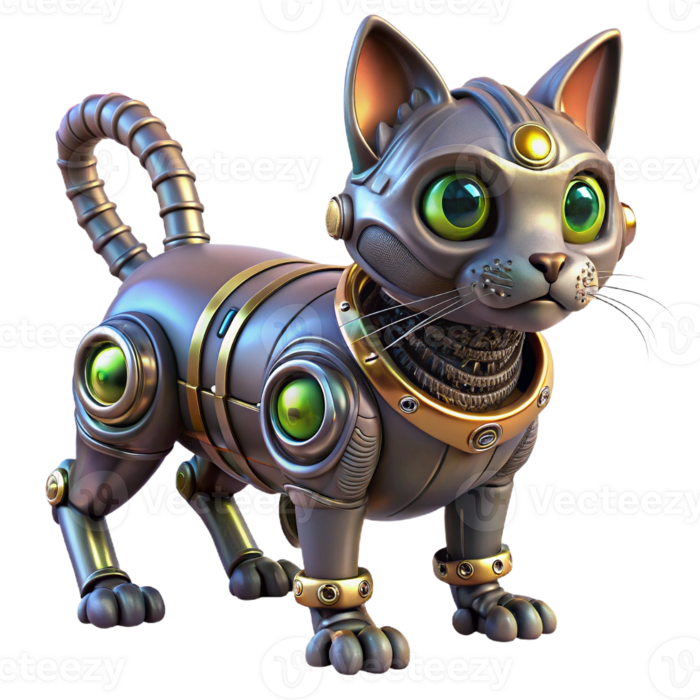 alluring dynamic modern Steampunk robotic cat with glowing eyes and intricate wiring with Transparent Background 8K png