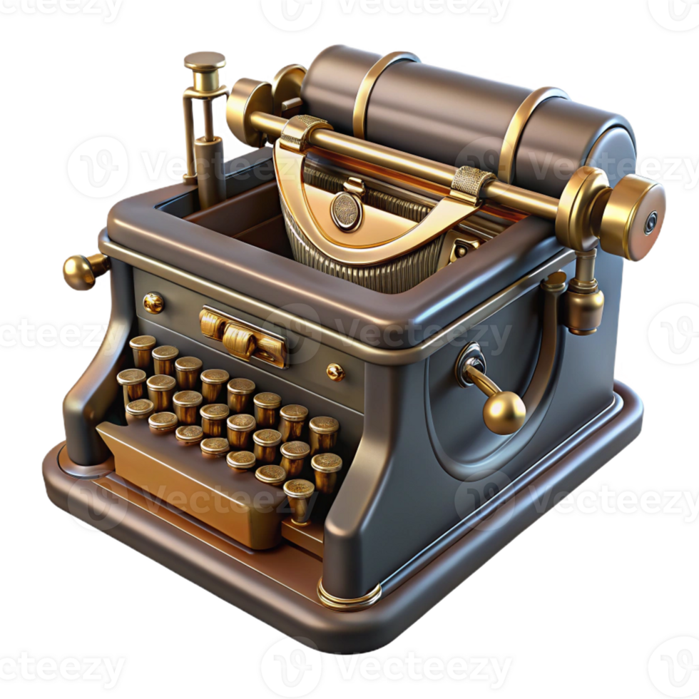 beautiful abstract Steampunk typewriter with visible keys and levers with Transparent Background masterfully captured png