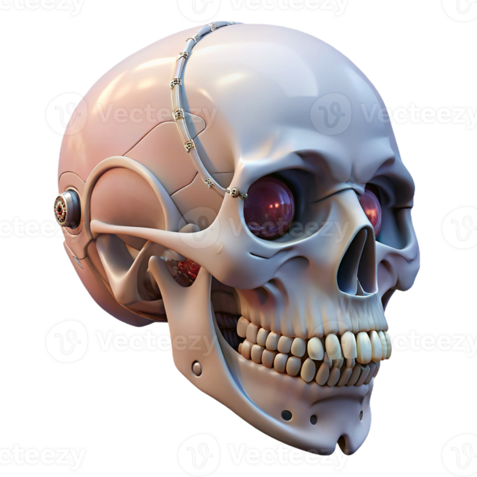 ethereal alluring Photorealistic professional render of a hyper-specific biomechanical skull with exposed jaw mechanisms and fiber optic nerves Isolated cutout with Transparent Background authentic png