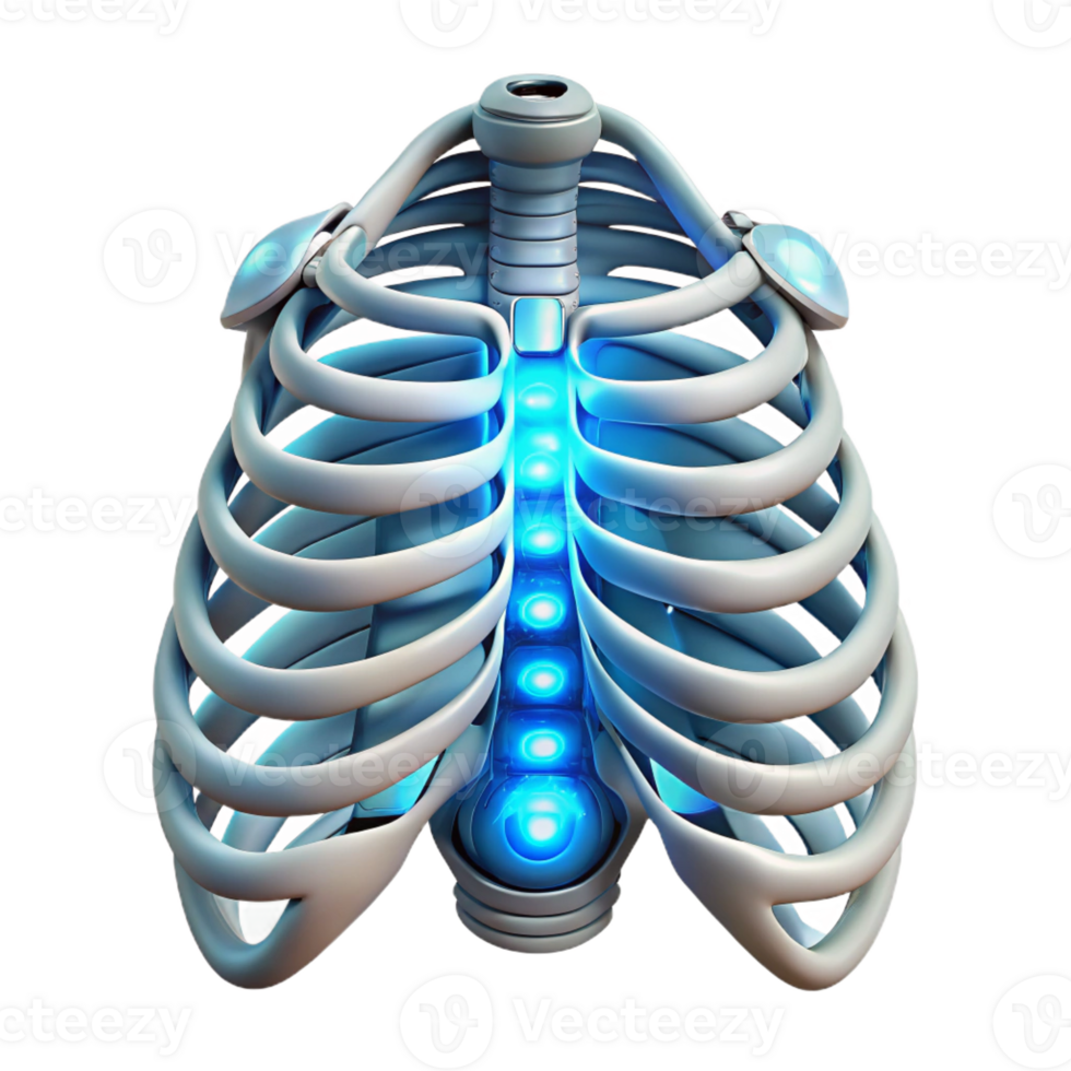 dramatic distinguished Hyper-specific, professional render of a biomechanical ribcage with integrated power cells and glowing LEDs Isolated cutout Photorealistic with Transparent Background png