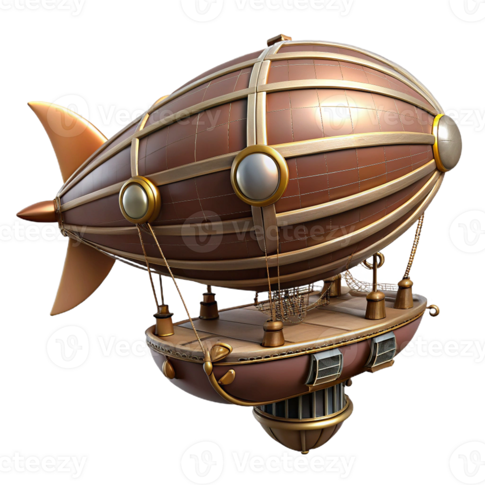 elegant urban Steampunk zeppelin miniature with intricate gondola and propellers with Transparent Background perfect clarity png