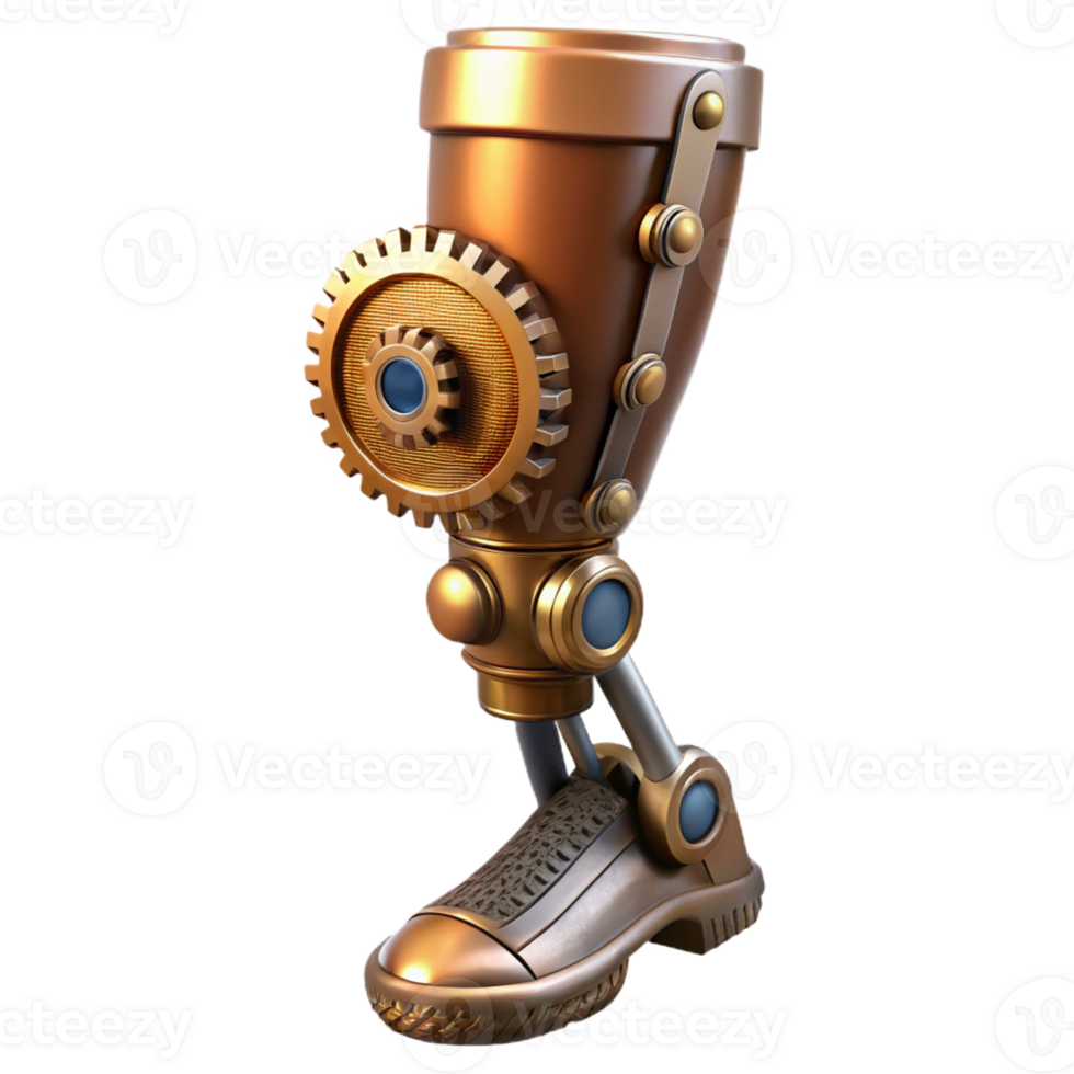 acclaimed abstract Steampunk prosthetic leg with visible gears and pistons with Transparent Background flawless png