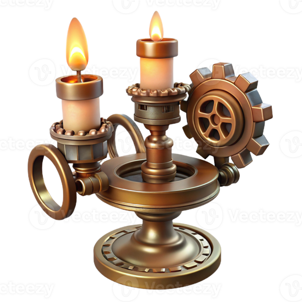 celebrated impressionist Steampunk candle holder with intricate gears and brass accents with Transparent Background museum quality png