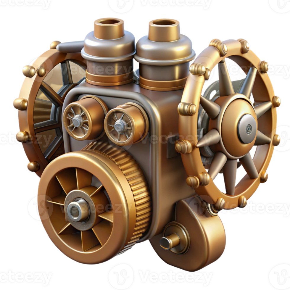 breathtaking reflective industrial Steampunk airship engine with exposed pistons and gears with Transparent Background impeccable png