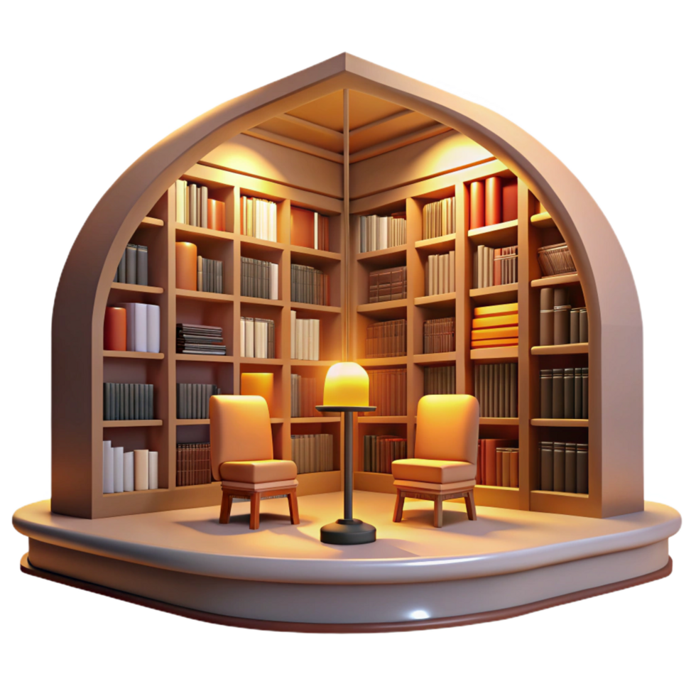 serene traditional Library Interior Towering Bookshelves 4K png