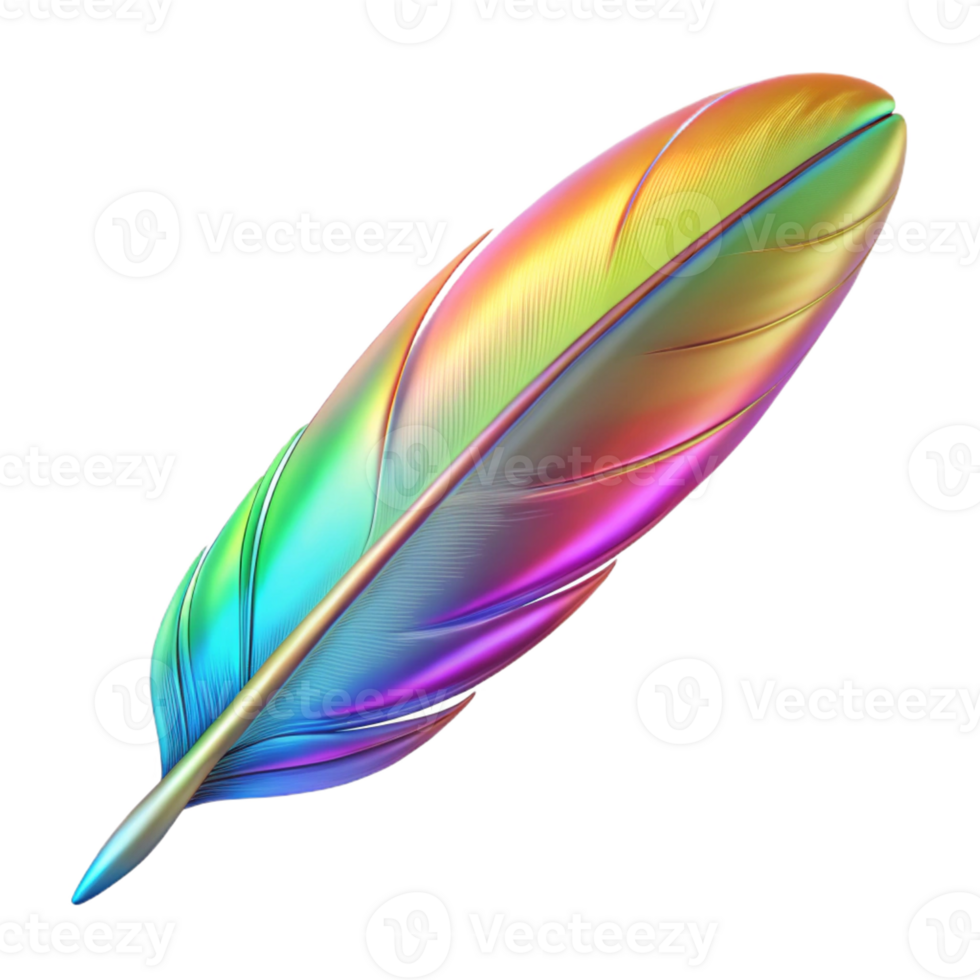 captivating elegant Ultra-detailed, photorealistic isolated cutout of a single, floating feather with holographic iridescence with Transparent Background high quality png
