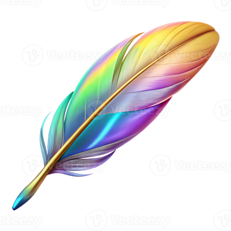 alluring industrial Ultra-detailed, photorealistic isolated cutout of a single, floating feather with holographic iridescence with Transparent Background fine detail png