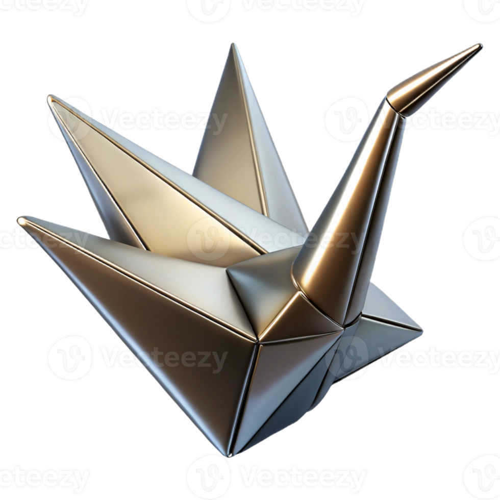 exquisite renaissance Concept art style, isolated cutout of a single, intricate, origami crane folded from metallic paper with Transparent Background professional png