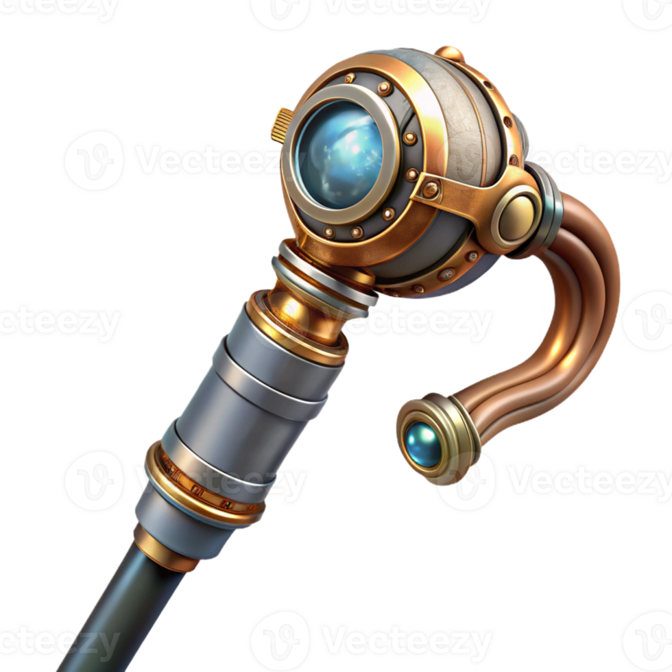 exquisite quintessential Steampunk cane with intricate metalwork and hidden gadgets with Transparent Background png