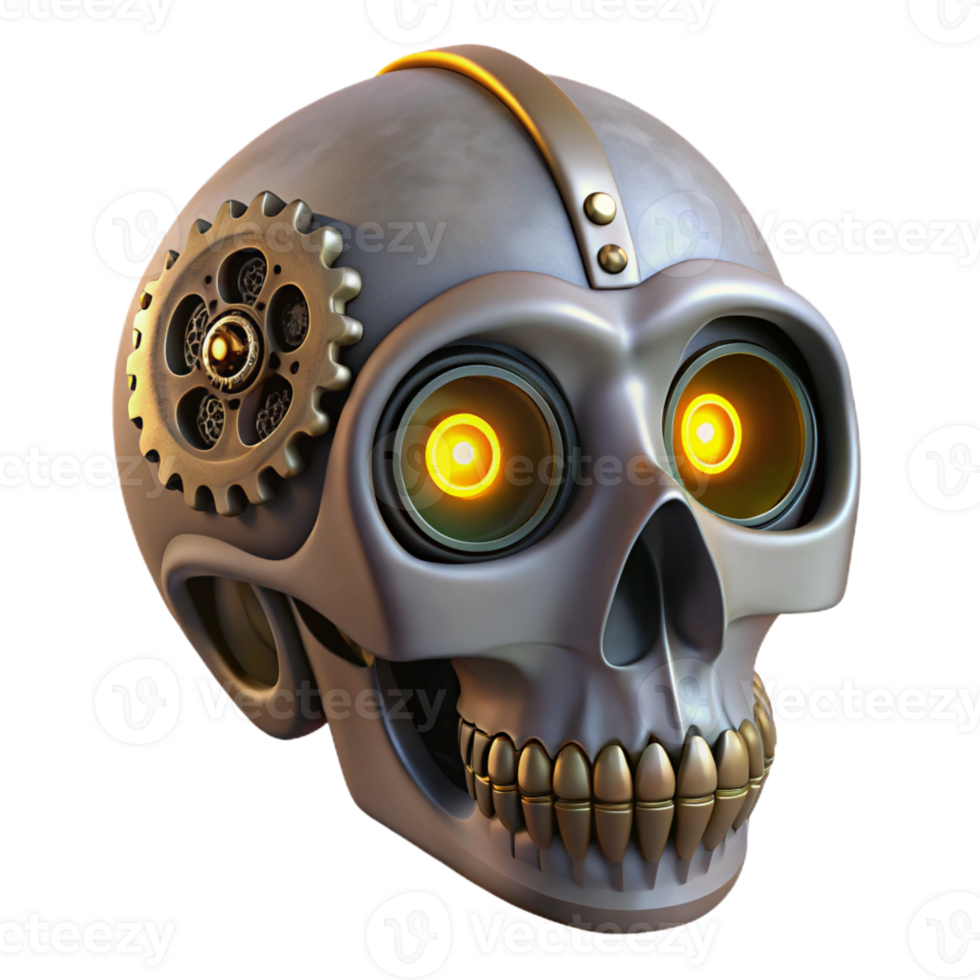 alluring unforgettable Steampunk skull with gears, clockwork, and glowing LED eyes with Transparent Background png