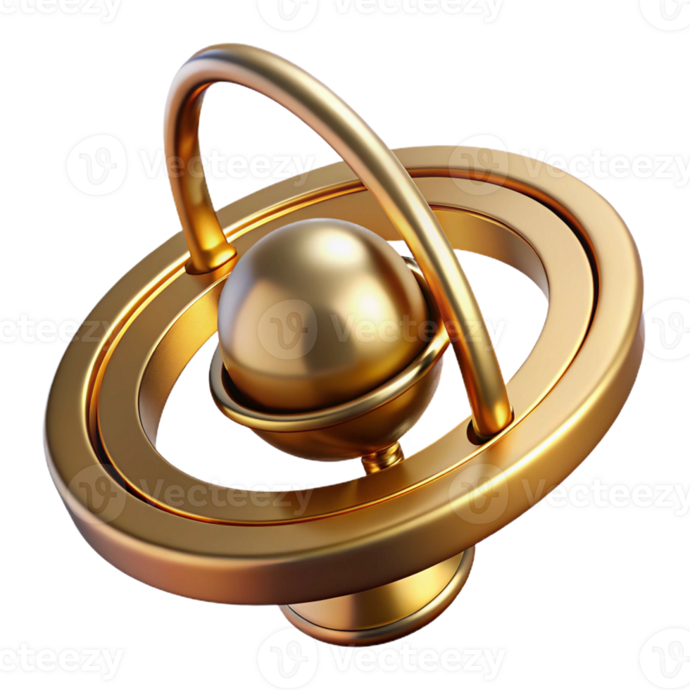 energetic fascinating Hyper-specific professional render of an isolated, rotating, gyroscope made of polished brass Isolated cutout with Transparent Background high resolution png