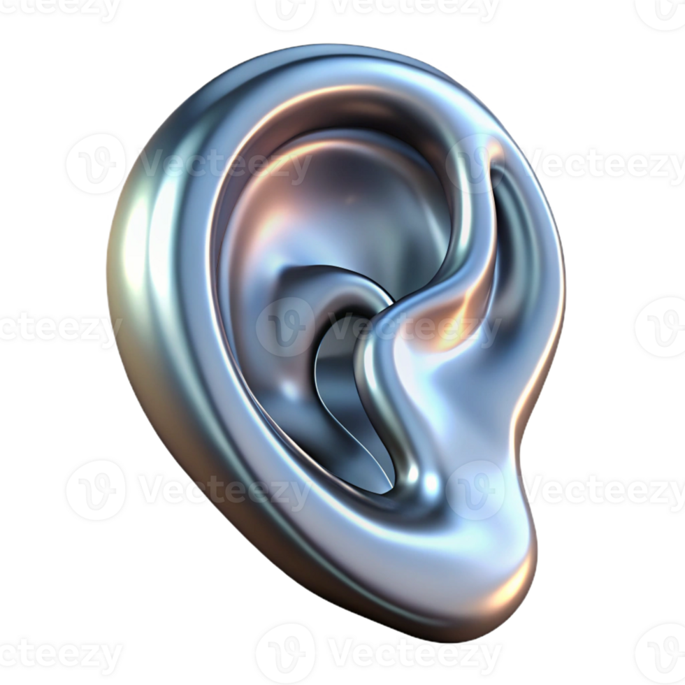 acclaimed victorian A single, stylized human ear made of flowing liquid metal with Transparent Background expertly shot png