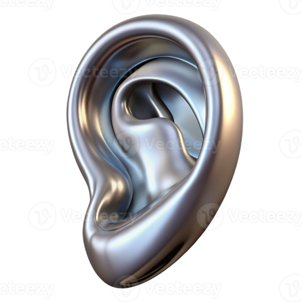 exquisite rare A single, stylized human ear made of flowing liquid metal with Transparent Background png