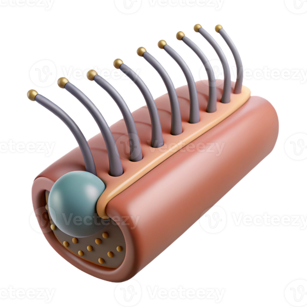 alluring exceptional Photorealistic, ultra-detailed render of a single biomechanical hair follicle with integrated nano-sensors, isolated cutout with Transparent Background png