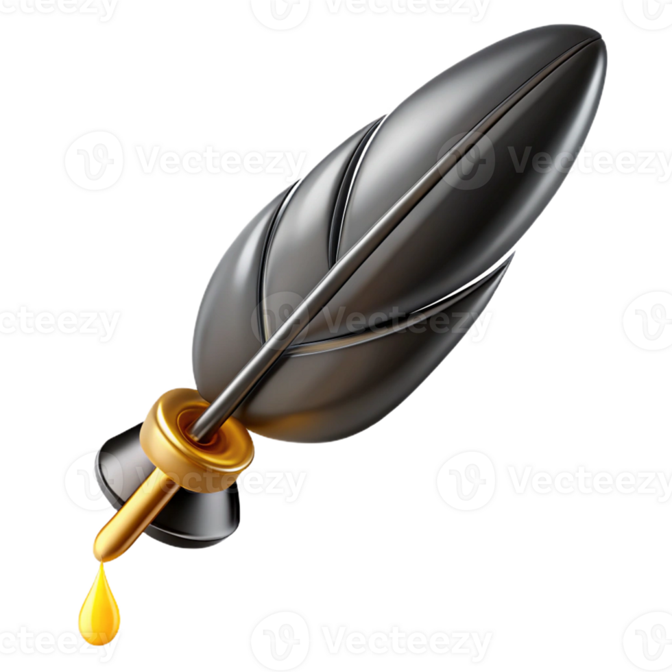 dynamic pristine Ultra-detailed, professional render of a solitary, floating, obsidian black feather pen, dripping with liquid gold ink with Transparent Background handcrafted png