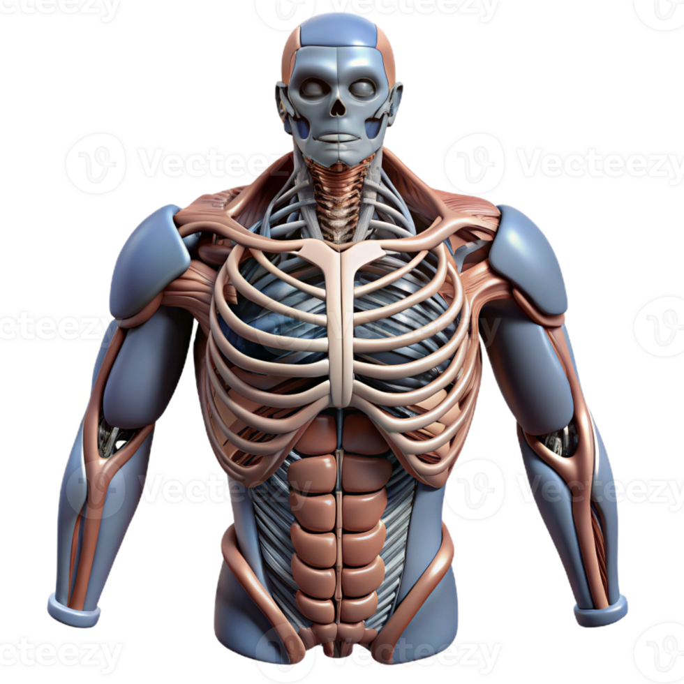 calm glorious Professional render, ultra-detailed, photorealistic biomechanical torso with exposed internal framework with Transparent Background studio quality png
