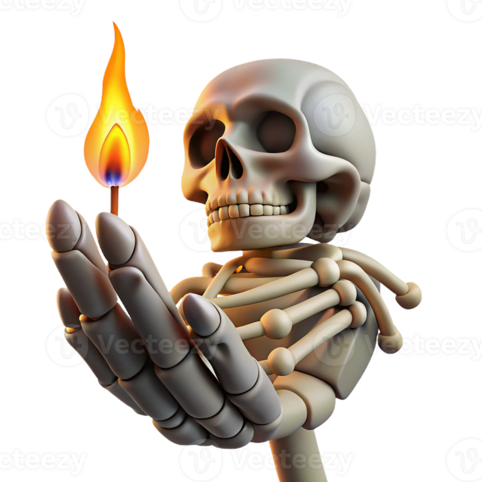 exquisite quintessential Ultra-detailed, professional render of a solitary, levitating, human hand skeleton, holding a single, burning matchstick with Transparent Background png