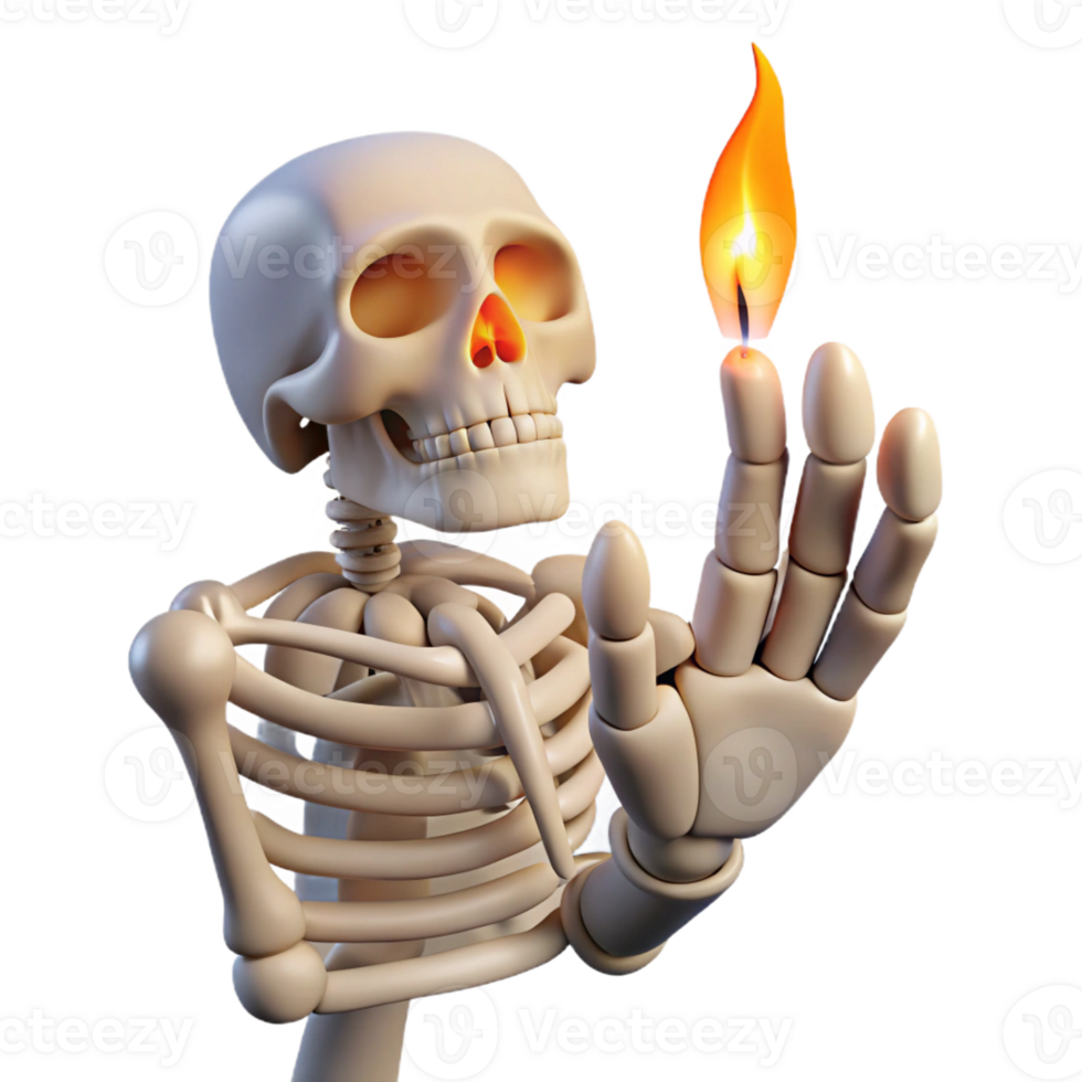 dramatic coastal Ultra-detailed, professional render of a solitary, levitating, human hand skeleton, holding a single, burning matchstick with Transparent Background refined png