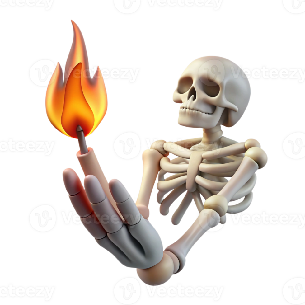 enchanting classic Ultra-detailed, professional render of a solitary, levitating, human hand skeleton, holding a single, burning matchstick with Transparent Background top-tier png