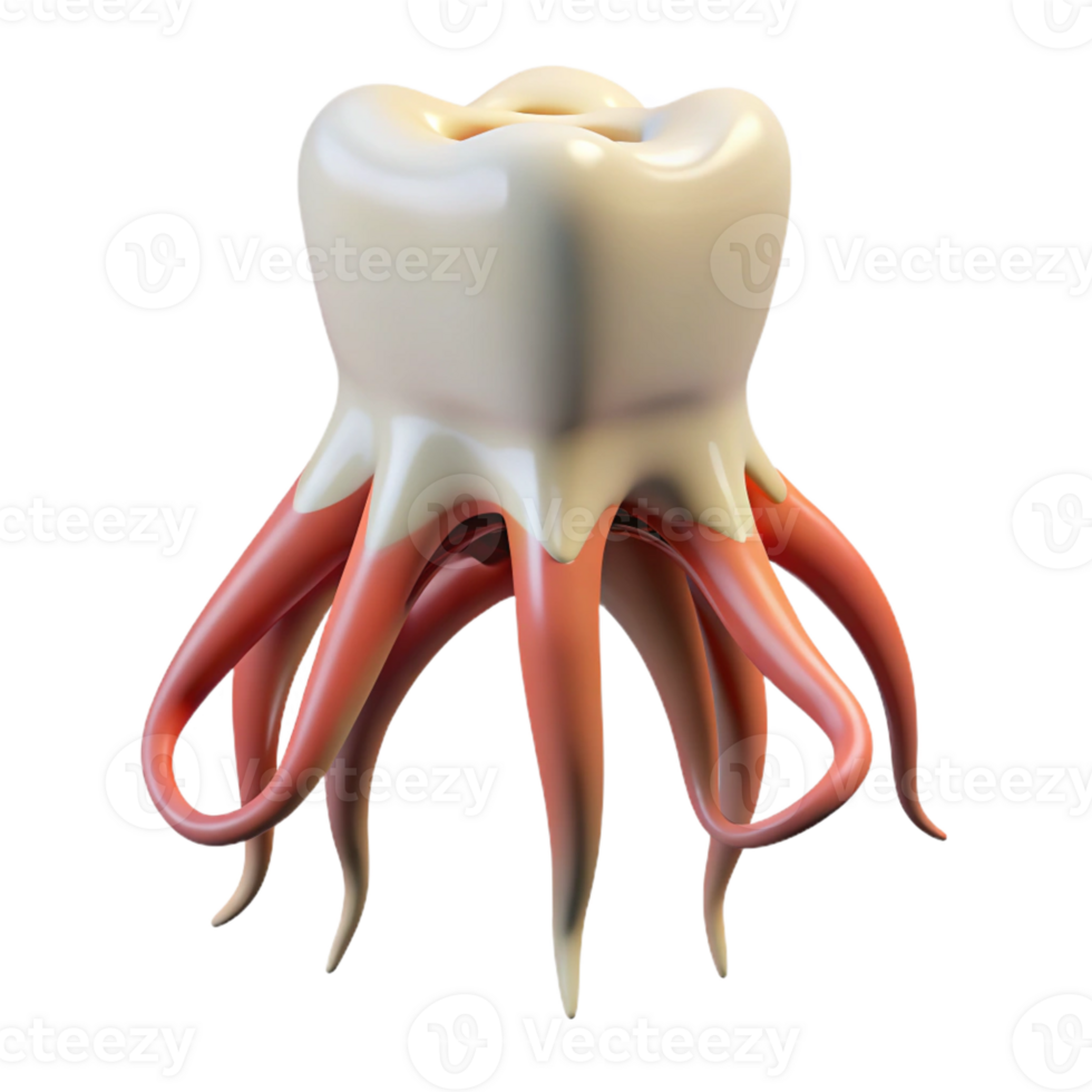 energetic immaculate Hyper-specific, photorealistic, isolated cutout of a single, decaying, human tooth, with roots transformed into writhing tentacles with Transparent Background expertly shot png