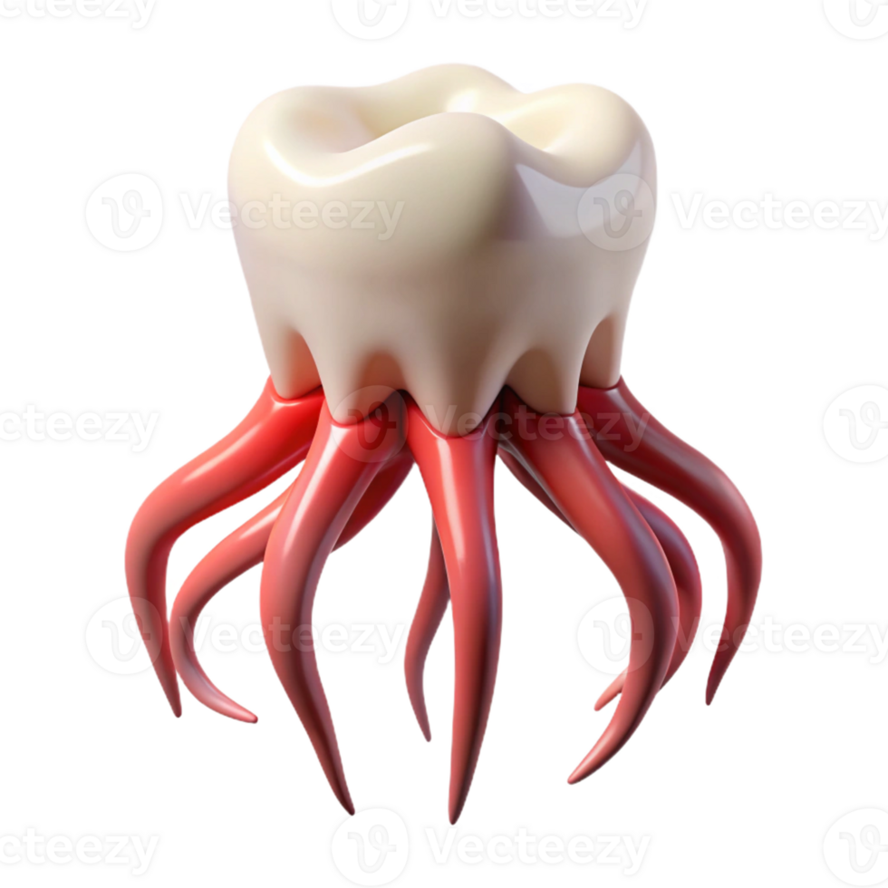 distinguished organic Hyper-specific, photorealistic, isolated cutout of a single, decaying, human tooth, with roots transformed into writhing tentacles with Transparent Background top-tier png