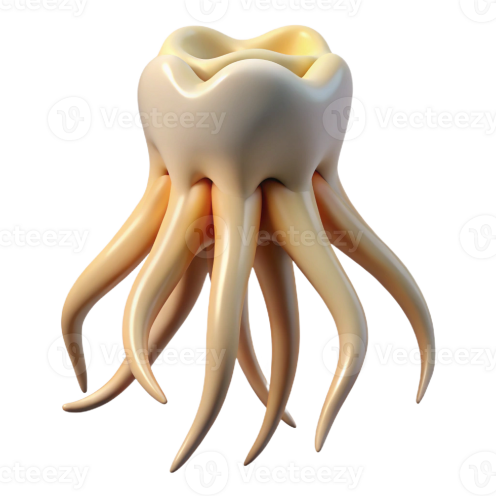 elegant mid-century Hyper-specific, photorealistic, isolated cutout of a single, decaying, human tooth, with roots transformed into writhing tentacles with Transparent Background professional png