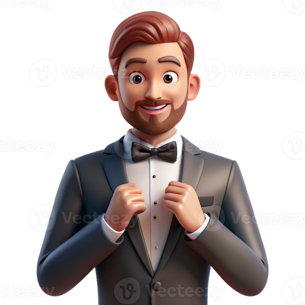captivating geometric Groom in tuxedo adjusting his bow tie with Transparent Background expertly shot png