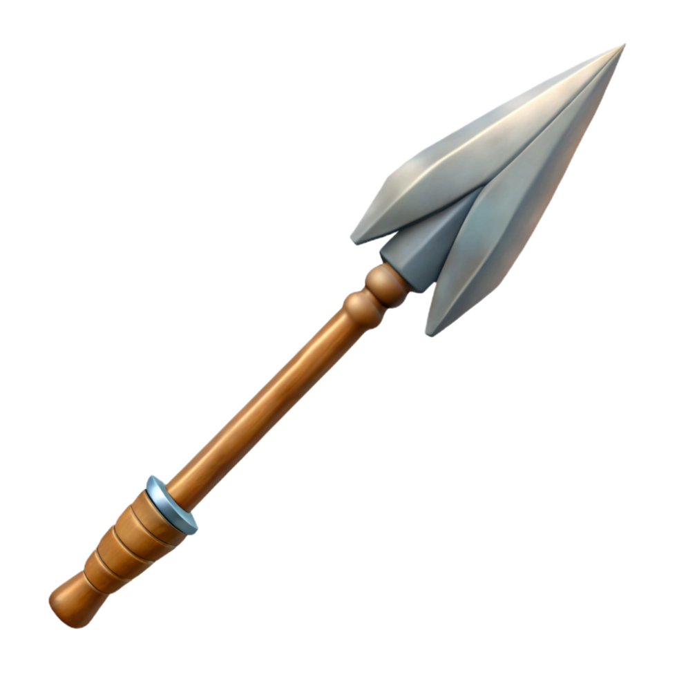 captivating celebrated Hyper-specific, professional render of a tribal spear with a hand-carved wooden shaft and a sharpened flint point Isolated cutout with Transparent Background png