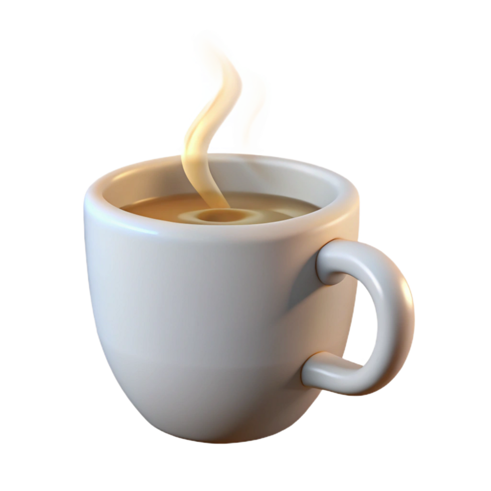 alluring art deco Coffee mug, white, steam rising, with Transparent Background expertly shot png