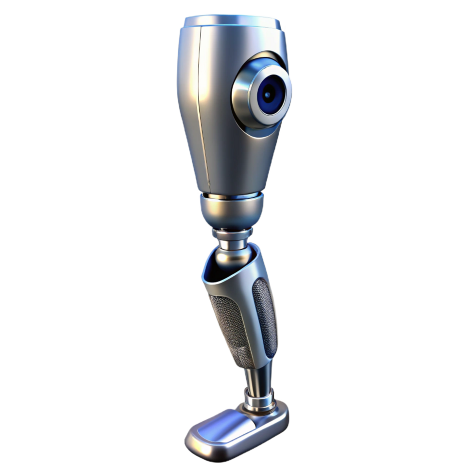 distinctive bohemian Cybernetic prosthetic leg with chrome finish and exposed mechanics with Transparent Background fine detail png