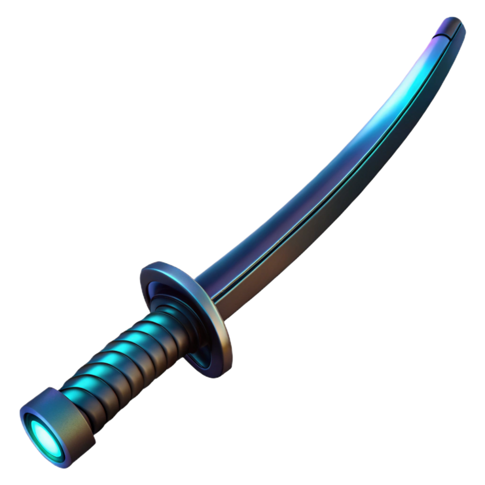captivating iconic Professional render, ultra-detailed, isolated cutout of a futuristic, sleek, black, katana with a glowing edge with Transparent Background png