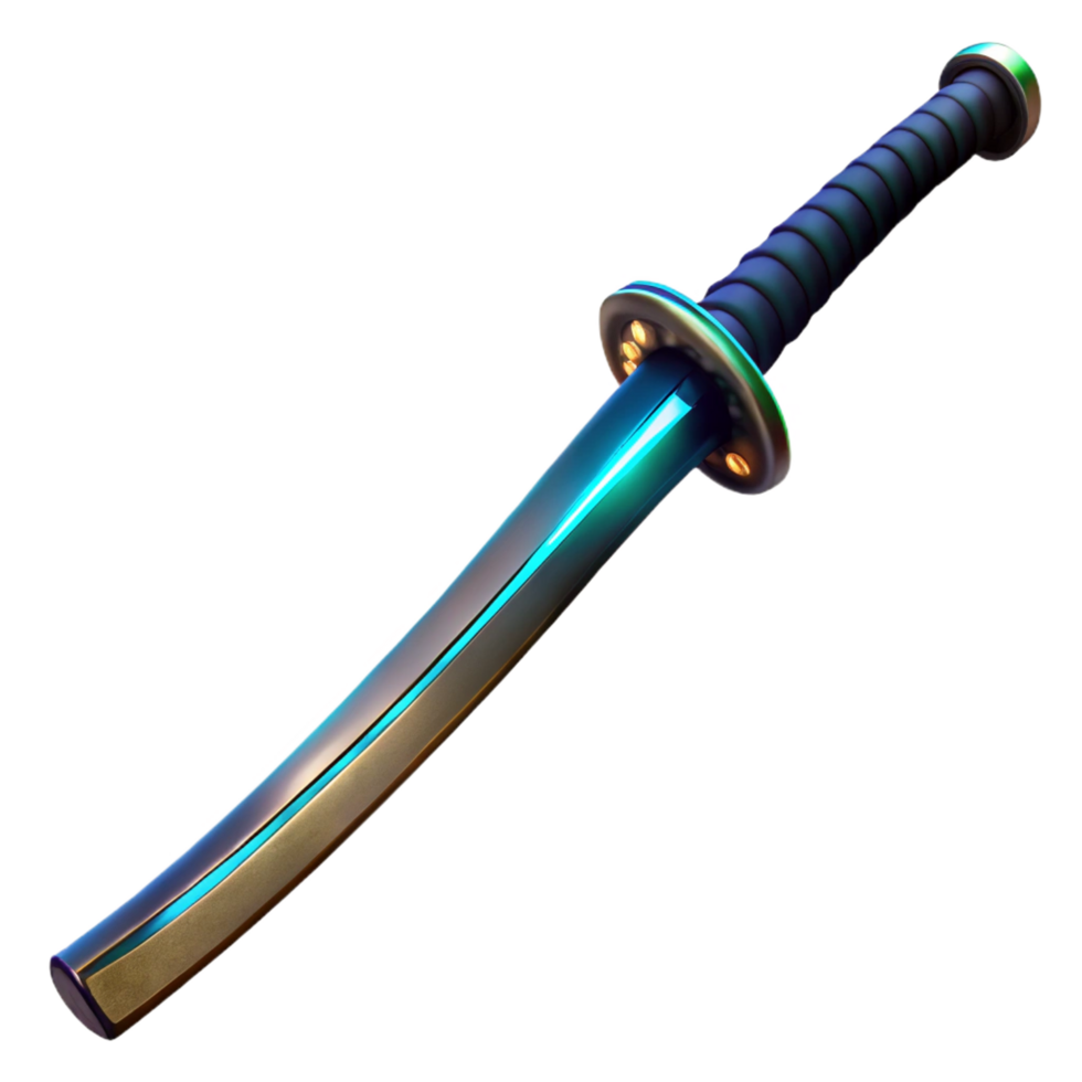 distinctive nordic Professional render, ultra-detailed, isolated cutout of a futuristic, sleek, black, katana with a glowing edge with Transparent Background refined png