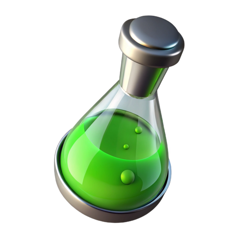 breathtaking avant-garde Photorealistic, professional render, isolated cutout A single, glass and chrome vial containing a bubbling, fluorescent green liquid with Transparent Background ultra HD png