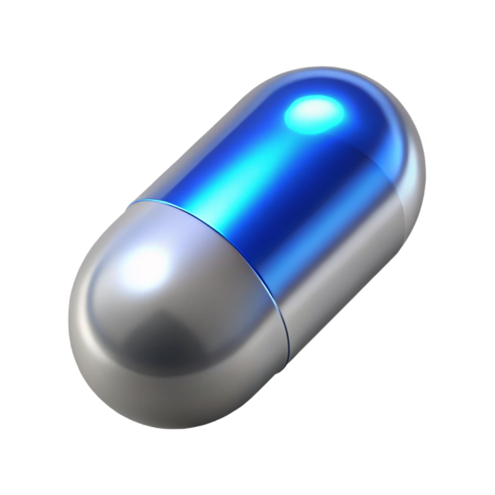 enchanting joyful renaissance Isolated cutout, photorealistic, ultra-detailed A single, gleaming silver pill with a glowing blue core with Transparent Background perfect clarity png